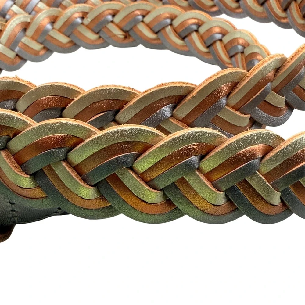 Fossil Womens Braided Leather Belt Metallic Silver Gold Copper Woven BT3816838 M